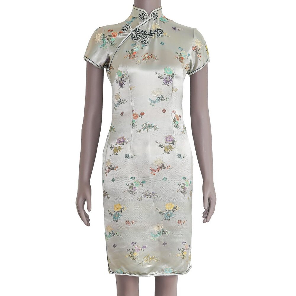 Vintage Floral Silver Cheongsam Short Dress Elegant Qipao Cocktail Party Outfit